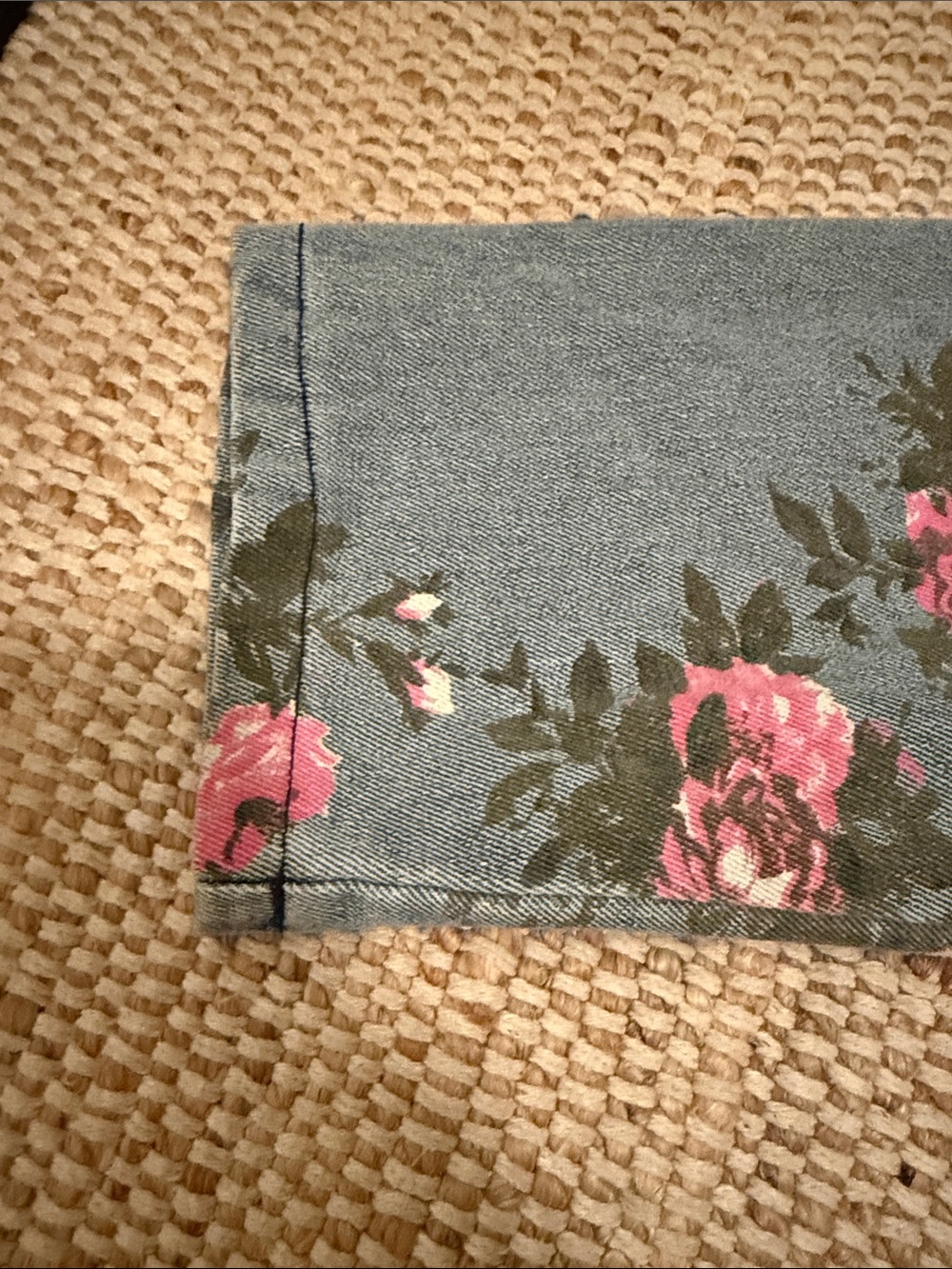 Floral Denim Button-Up Jean Shirt with Pink Roses. Rustic western cowgirl rodeo - Picture 2 of 8